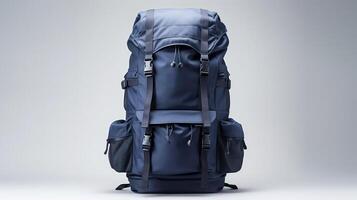 ai generiert Marine Blau taktisch Rucksack Tasche isoliert auf Weiß Hintergrund mit Kopieren Raum zum Werbung. ai generiert foto