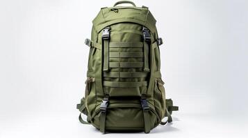 ai generiert Olive eintönig taktisch Rucksack Tasche isoliert auf Weiß Hintergrund mit Kopieren Raum zum Werbung. ai generiert foto