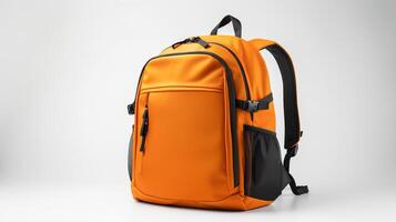 ai generiert Orange Kamera Rucksack Tasche isoliert auf Weiß Hintergrund mit Kopieren Raum zum Werbung. ai generiert foto