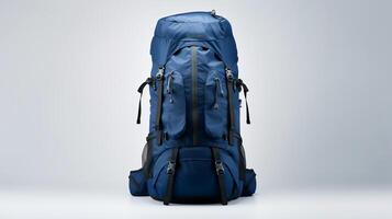 ai generiert Marine Blau Wandern Rucksack Tasche isoliert auf Weiß Hintergrund mit Kopieren Raum zum Werbung. ai generiert foto