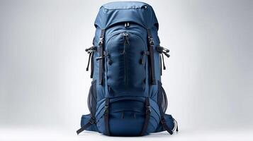 ai generiert Marine Blau Wandern Rucksack Tasche isoliert auf Weiß Hintergrund mit Kopieren Raum zum Werbung. ai generiert foto