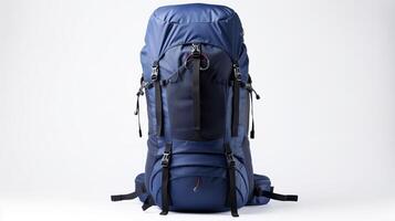 ai generiert Marine Blau Wandern Rucksack Tasche isoliert auf Weiß Hintergrund mit Kopieren Raum zum Werbung. ai generiert foto