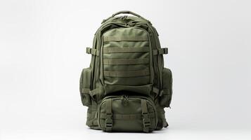 ai generiert Olive eintönig taktisch Rucksack Tasche isoliert auf Weiß Hintergrund mit Kopieren Raum zum Werbung. ai generiert foto