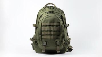 ai generiert Ranger Grün taktisch Rucksack Tasche isoliert auf Weiß Hintergrund mit Kopieren Raum zum Werbung. ai generiert foto