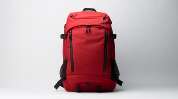 ai generiert rot Kamera Rucksack Tasche isoliert auf Weiß Hintergrund mit Kopieren Raum zum Werbung. ai generiert foto