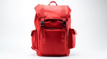 ai generiert rot Kamera Rucksack Tasche isoliert auf Weiß Hintergrund mit Kopieren Raum zum Werbung. ai generiert foto