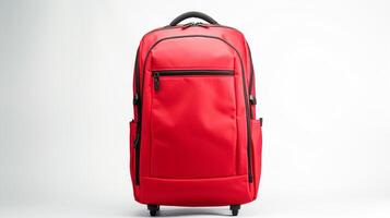 ai generiert rot rollen Rucksack Tasche isoliert auf Weiß Hintergrund mit Kopieren Raum zum Werbung. ai generiert foto