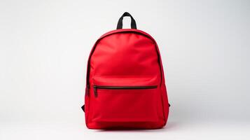 ai generiert rot Tagesrucksack Tasche isoliert auf Weiß Hintergrund mit Kopieren Raum zum Werbung. ai generiert foto