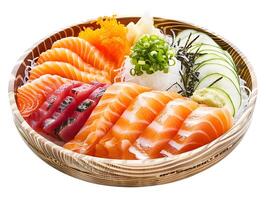 ai generiert Sashimi Teller Omega Reich Fisch Wasabi Ingwer sauber Protein foto