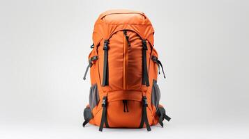 ai generiert Orange Wandern Rucksack Tasche isoliert auf Weiß Hintergrund mit Kopieren Raum zum Werbung. ai generiert foto