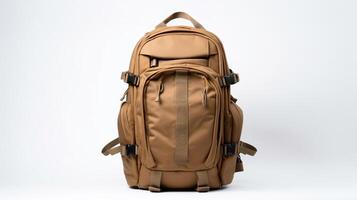 ai generiert bräunen taktisch Rucksack Tasche isoliert auf Weiß Hintergrund mit Kopieren Raum zum Werbung. ai generiert foto