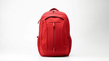 ai generiert rot Reise Rucksack Tasche isoliert auf Weiß Hintergrund mit Kopieren Raum zum Werbung. ai generiert foto