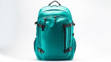 ai generiert blaugrün Reise Rucksack Tasche isoliert auf Weiß Hintergrund mit Kopieren Raum zum Werbung. ai generiert foto