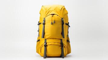 ai generiert Gelb Wandern Rucksack Tasche isoliert auf Weiß Hintergrund mit Kopieren Raum zum Werbung. ai generiert foto