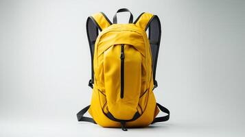 ai generiert Gelb Flüssigkeitszufuhr Rucksack Tasche isoliert auf Weiß Hintergrund mit Kopieren Raum zum Werbung. ai generiert foto