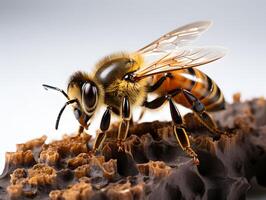 ai generiert Nahansicht von ein Honig Biene kriechen auf Holz. generativ ai foto