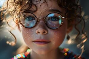 ai generiert Porträt von süß lockig behaart wenig Mädchen tragen Brille. generativ ai foto