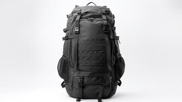 ai generiert schwarz taktisch Rucksack Tasche isoliert auf Weiß Hintergrund mit Kopieren Raum zum Werbung. ai generiert foto