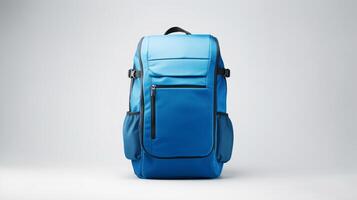 ai generiert Blau Kamera Rucksack Tasche isoliert auf Weiß Hintergrund mit Kopieren Raum zum Werbung. ai generiert foto