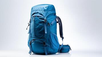 ai generiert Blau Wandern Rucksack Tasche isoliert auf Weiß Hintergrund mit Kopieren Raum zum Werbung. ai generiert foto