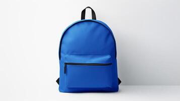 ai generiert Blau Schule Rucksack Tasche isoliert auf Weiß Hintergrund mit Kopieren Raum zum Werbung. ai generiert foto