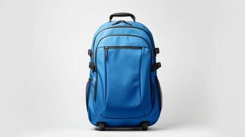 ai generiert Blau rollen Rucksack Tasche isoliert auf Weiß Hintergrund mit Kopieren Raum zum Werbung. ai generiert foto