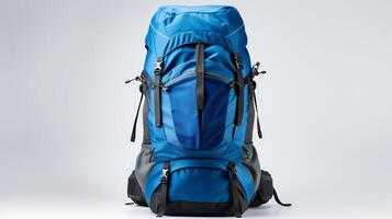 ai generiert Blau Reise Rucksack Tasche isoliert auf Weiß Hintergrund mit Kopieren Raum zum Werbung. ai generiert foto