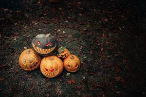 Gruppe von Halloween Kürbisse mit ein geschnitzt Gesicht Lügen auf das Boden im ein dunkel mystisch Wald foto