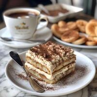 ai generiert Tiramisu klassisch Italienisch Dessert Kaffee eingeweicht Frauenfinger Kakao Abstauben foto