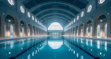 ai generiert Innen- Schwimmen Schwimmbad mit Glas Dach foto