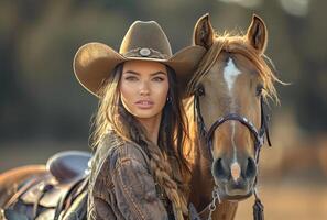 ai generiert schön jung Frau und Pferd im das Outback foto
