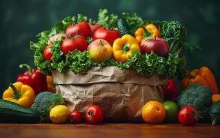 ai generiert Papier Tasche voll von gesund Essen auf hölzern Tabelle foto