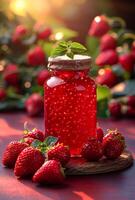 ai generiert Erdbeere Marmelade im Glas Krug und frisch Beeren auf hölzern Tabelle foto