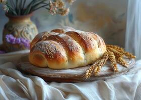 ai generiert Laib von Stritzel Brot auf hölzern Tafel foto