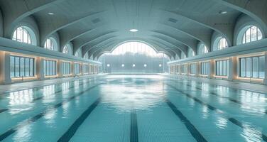 ai generiert Innen- Schwimmen Schwimmbad mit gewölbt Decke foto