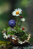ai generiert Schnecke und Marienkäfer im das Wald. ein klein Gänseblümchen Blume wachsend von ein Schale foto
