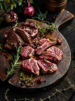 ai generiert roh Fleisch. Rindfleisch Steak auf Schneiden Tafel mit Rosmarin und Gewürze auf dunkel Hintergrund foto