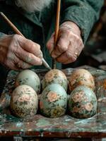 ai generiert das alt Mann Farben Ostern Eier mit Bürste und Farben auf hölzern Tisch. foto