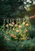 ai generiert Blumen hängend auf das Wäscheleine im das Garten. frisch Kräuter und Blumen hängend zu trocken foto