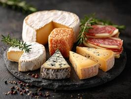 ai generiert verschiedene Typen von Käse auf schwarz Stein Teller foto