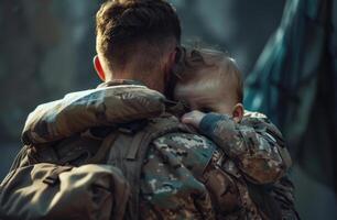 ai generiert Soldat wiedervereinigt mit seine Sohn nach Militär- Betrieb foto