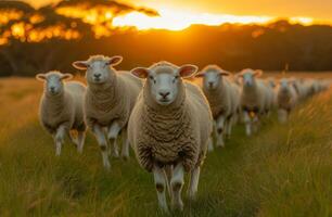 ai generiert klein Mob von Schaf Laufen durch grasig Feld beim Sonnenuntergang. viele Schaf Gehen im ein grasig Feld foto