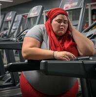 ai generiert Übergewicht Frau Sitzung auf Laufband im das Fitnessstudio foto