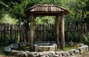 ai generiert hölzern Pavillon und Stein Gut im das Garten foto