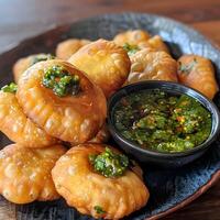 ai generiert kachori mit Tamarinde Chutney knusprig und scharf Snack Zeit foto