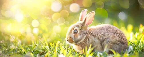 ai generiert flauschige Hase im Frühling Gras, Unschuld und Weichheit foto