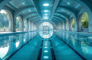 ai generiert das Schwimmen Schwimmbad. ein Sport Schwimmen Schwimmbad hat ein Schwimmbad Aussicht foto