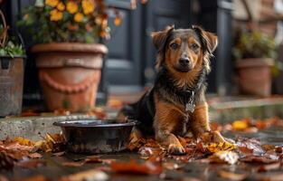 ai generiert Hund Sitzung auf das Veranda mit Schüssel foto