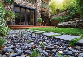ai generiert modern Haus mit Garten und Terrasse mit Rasen und Stein Gehweg foto