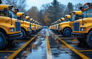 ai generiert Schule Busse geparkt im lange Reihe. Reihe von geparkt Schule Busse bereit zu wählen oben Studenten foto